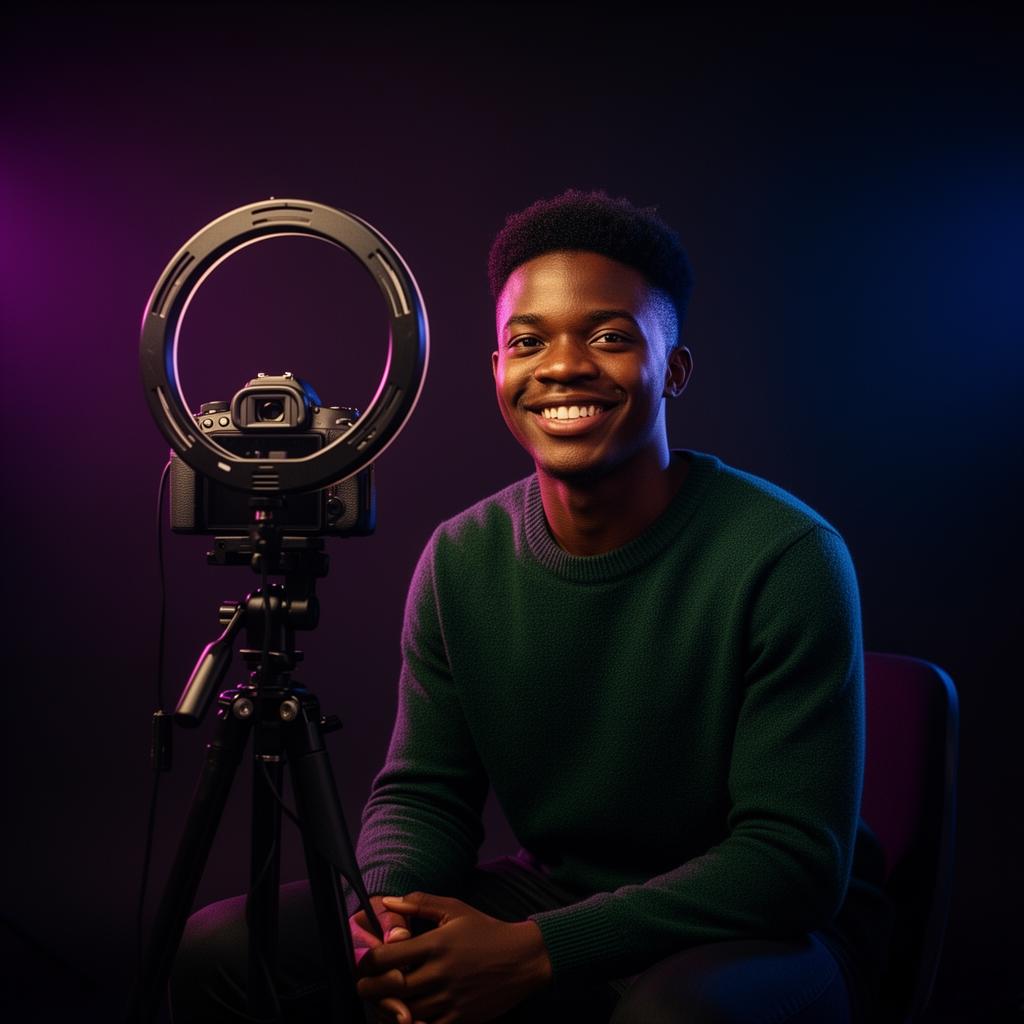 Smiling African creator with ring light and camera